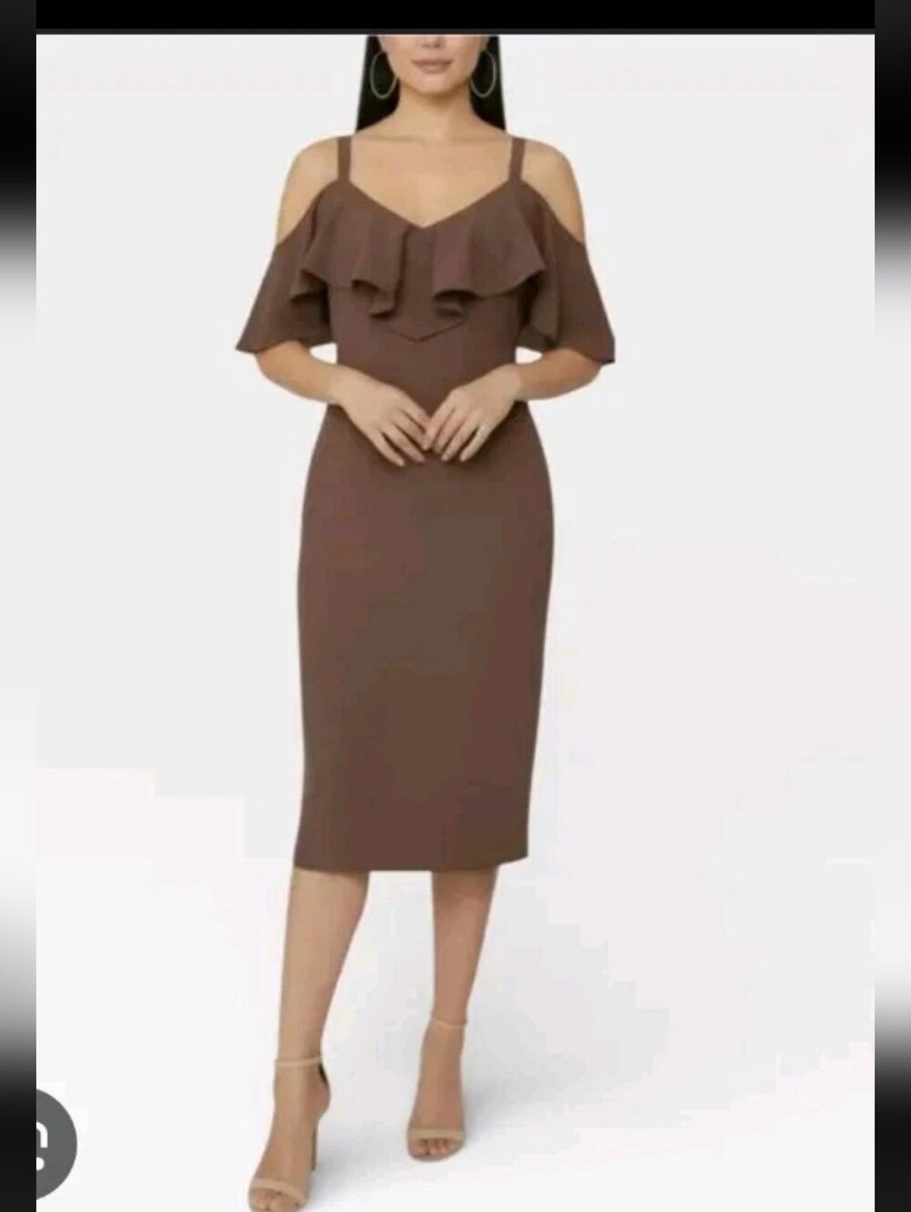 Rachel Rachel Roy Mocha Ruffle Midi Dress XS Sleeveless Strap Bodycon Cocktail
